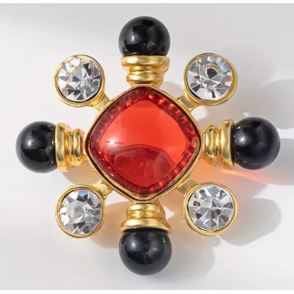 Red Cabachon + Crystal Black Pearl Cross Brooch Pin Gold Tone Baroque Style NEW